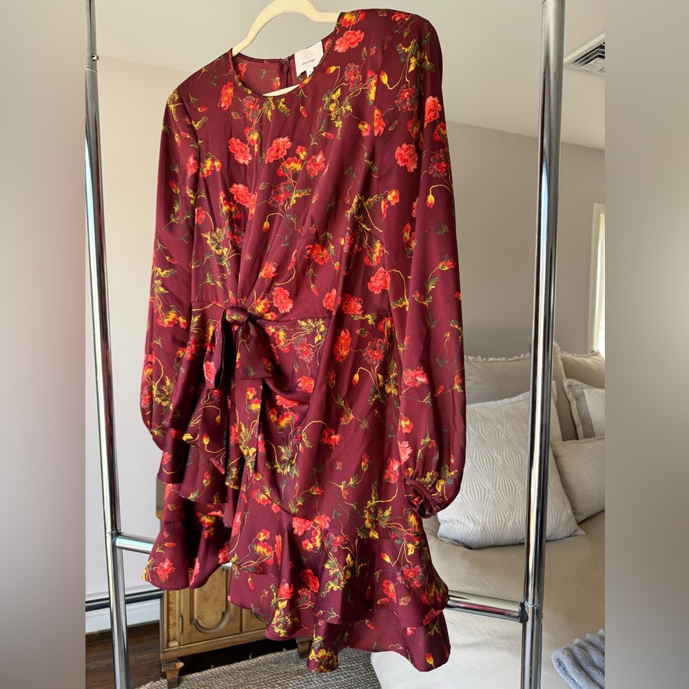 Cinq a Sept Alice Floral Satin Long Sleeve Dress - Rhubarb, sz 12
